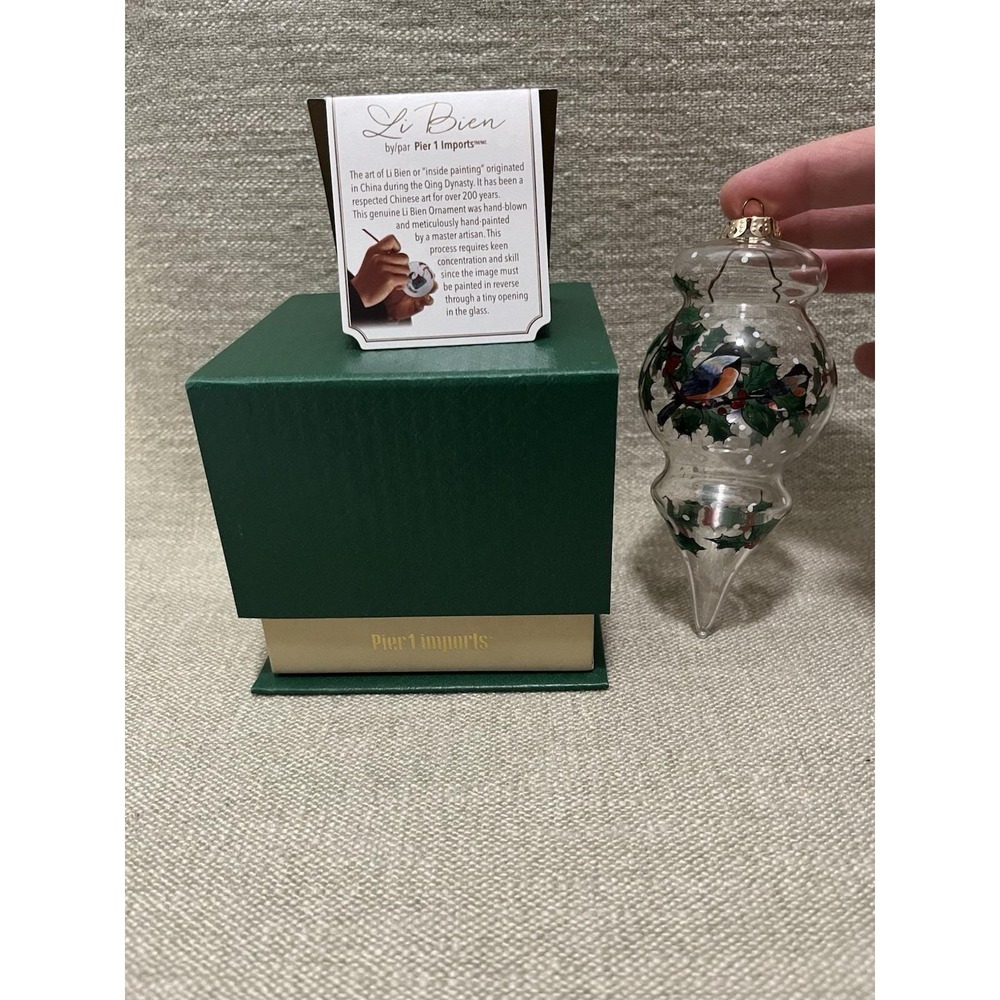 Reverse Hand Paint Teardrop Christmas Ornament Winter Bird Holly Pier 1 Li Bien